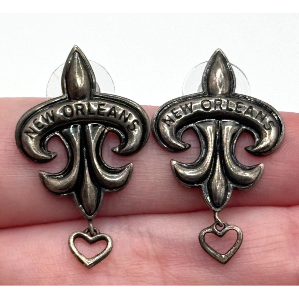 Anne Dale Sterling Silver New Orleans Fleur de Lis Heart Dangle Earrings